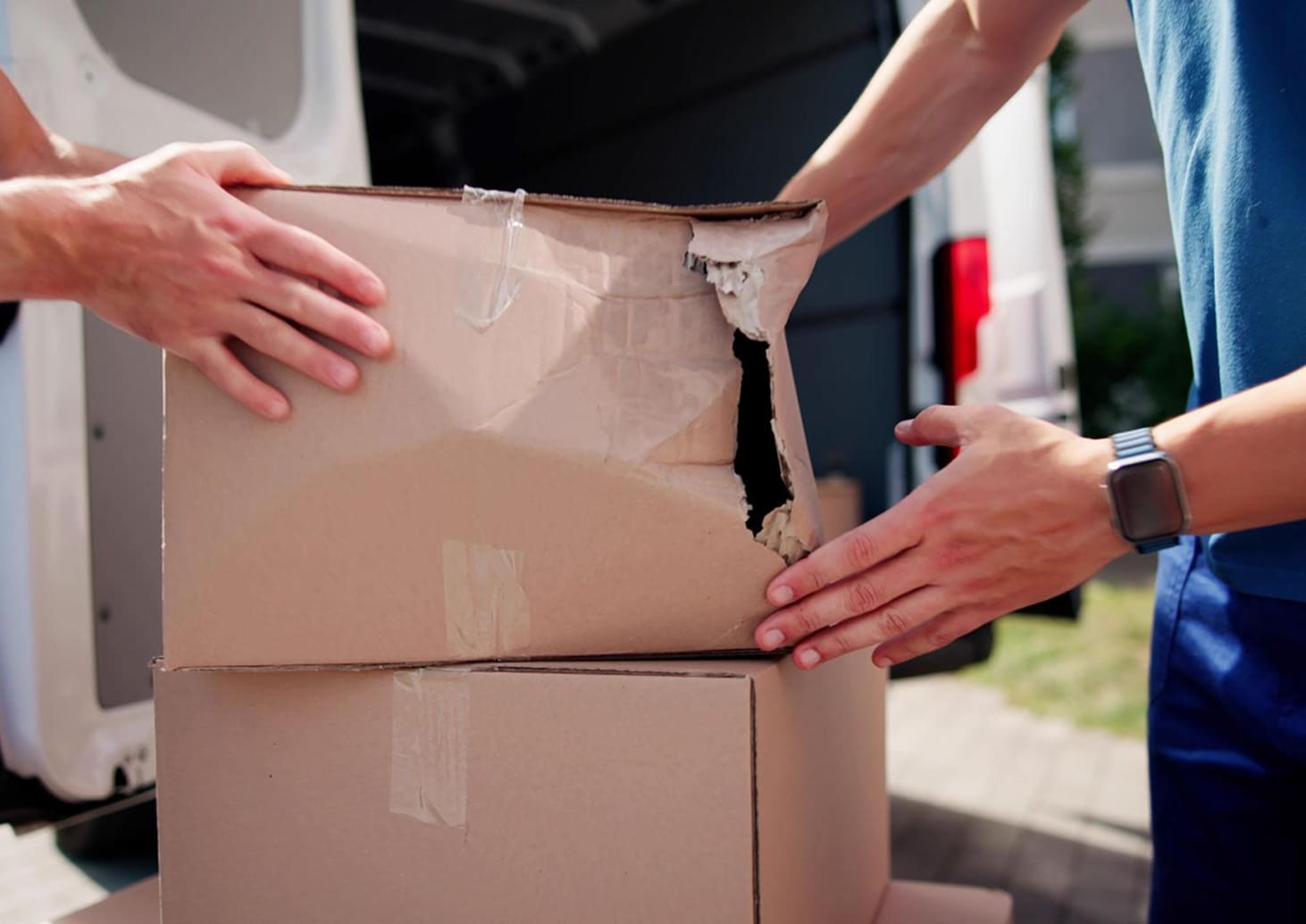 Damaged package during courier delivery highlighting protection and warranty